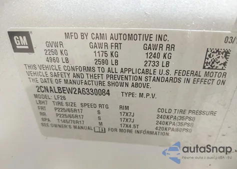 2010 Chevrolet Equinox Ls z USA, uszkodzony, nr VIN 2CNALBEW2A6330084